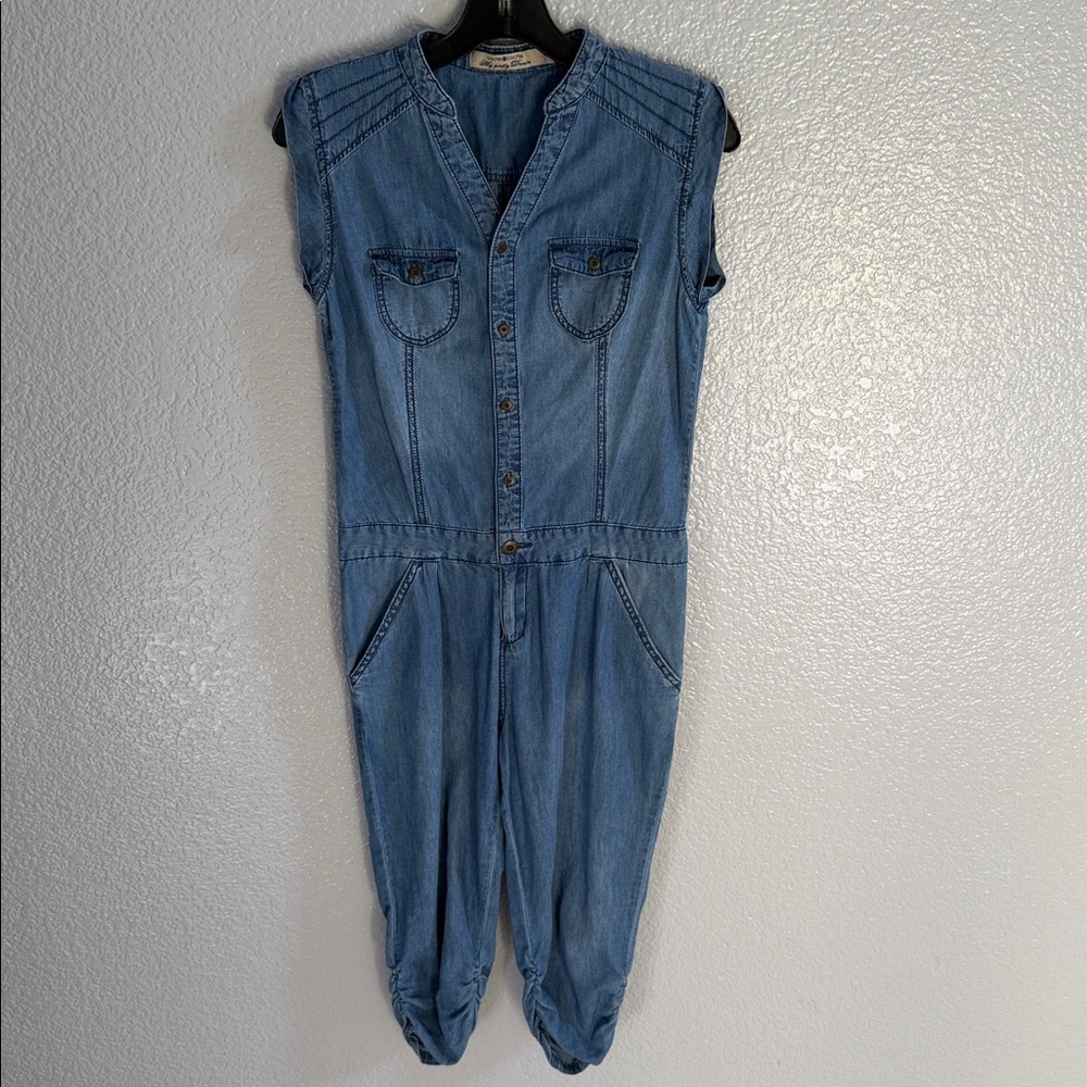 Cache Cache Blue Denim Western Style Ruched Leg Cropped Jumpsuit Size Small